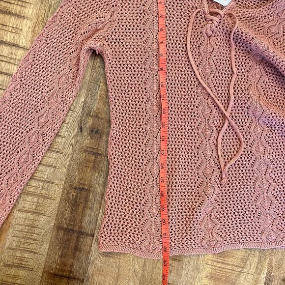 Vintage Beldoch Popper Open Knit Sweater Small Lace Up Salmon Pink Boho Festival - Picture 10 of 10
